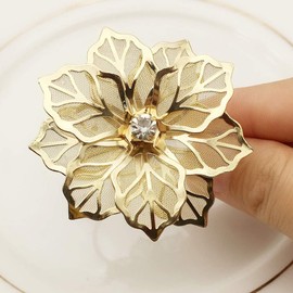 NAGU Flower Napkin Rings Set of 6, Hollow Out Floral Napkin Holder Adornment Exquisite Household Napkins Rings Set Rhinestone Napkin Rings for Wedding Banquet Christmas Table Setting (Gold)