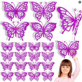 AmazingSpark 20 Pcs Large Purple Butterfly Decorations Metallic Laser Butterfly Wall Decor 3D Giant Sequin Centerpieces Party Favor for Birthday Baby Shower Nursery Wedding Supplies