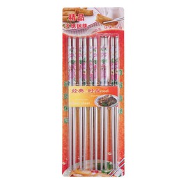 10 Pcs (5 Pairs) Peony Design Silver Stainless Steel Chopsticks