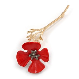 Bright Red Enamel Poppy Brooch In Gold Tone Metal - 75mm Long