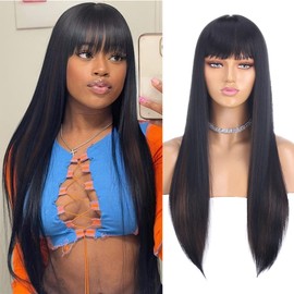 Xtrend 24 Inch Straight Headband Wig Long Straight Synthetic Black Mixed Brown Hair Natural Looking Headband Attached Glueless Wigs Easy to Wear for Women 1B30#