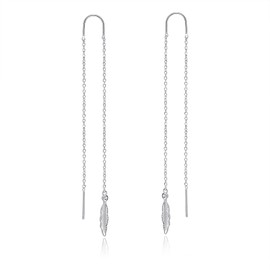 Feather Threader Earrings Sterling Silver Feathers Long Drop Pull Through Earrings for Women (Feather Threader Earrings)