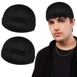 SGERUFZ Pack of 2 Unisex Satin Silky Wave Caps 360 540 720 Wave Elastic Band Silky Durag Headwear Stockings Wig Beanie Cap Soft Breathable Skullies Beanies Cap for Sleeping Shower, black