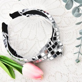 Silver Sequin Headband Disco Elastic Headbands for Women Girls Glitter Sparkly Hairband for Thick Fine Hair Elastic Knot Hairband for Short Long Hair Sequin Headpiece Top Knot Hair Band