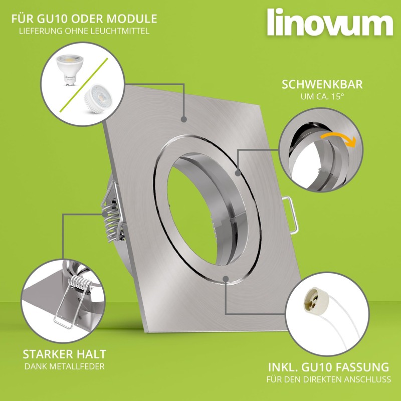 linovum Recessed Spotlight Frame Swivelling Square Brushed Stainless Steel Look