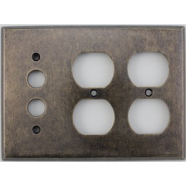 Aged Antique Brass 3 Gang Combination Switch Plate - 1 Push Button Light Switch Opening 2 Duplex Outlet Openings