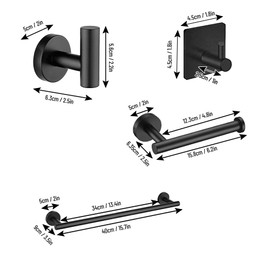 5 Pieces Bathroom Hardware Accessories Set Towel Bar Robe Hooks Toilet Paper Holder 304 Stainless Steel Wall Mounted Bath Towel Rack Holder Black