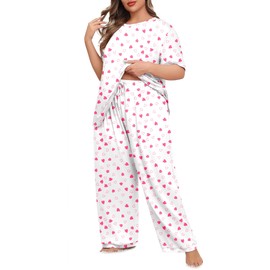 Lastshe Womens Plus Size Pajama Set 2 Piece Short Sleeve Long Pants contrast color Sleepwear Pjs Lounge Set Knit Soft,White powder heart,4X
