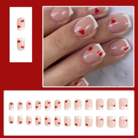 24Pcs Valentine's Day French Tip Press on Nails Short Glue on Nails with Design Heart Fake Nails White Nail Tips Full Cover Square Nails Valentines False Nails DIY Nude Pink Acrylic Nails for Women