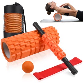 5 in 1 Foam Roller Set, Trigger Point Foam Rollers, Yoga Stick, Massage Ball, Resistance Band, for Deep Muscle Massage, Pilates Yoga, Fitness Exercise for Whole Body (Orange)