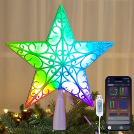 Brizled Smart Christmas Star Tree Topper, 9" 11 LED 200+ Dynamic Modes RGB 3D Star Treetop Bluetooth App Control, Color Changing USB Christmas Tree Topper, Music Sync Tree Top Star for Xmas Holiday