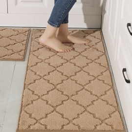 COSY HOMEER Soft Kitchen Rugs [2 PCS] for in Front of Sink Super Absorbent Kitchen Floor Mats and Mats 20x30 Inch/20X48 Non-Skid Kitchen Mat Standing Mat Washable,Polyester,Beige