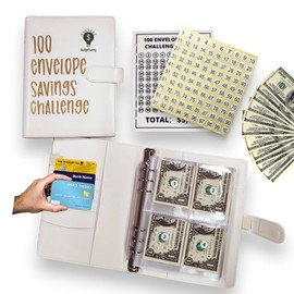 Budgetsavvy 100 Envelopes Money Saving Challenge Binder Kit, Fun Budget Binder Book Organizer with Cash Envelopes for 100 Day Cash Stuffing, Budgeting, Money Saving Box Replacement. (White)