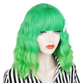 Short Wavy Shoulder Length Women Full Bang Heat Resistant Bud Green Realistic Synthetic Wig with Hair Pin (Bud)