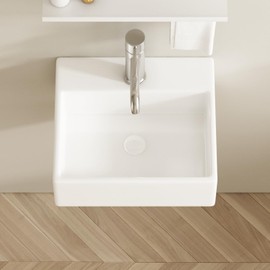 AmpleCharmic Wall Mount Bathroom Small Vessel Sink, 13’’ Rectangle Ceramic Basin with Faucet/Pop-up Darin/P-trap, No Overflow, Modern White, Wall Hang Porcelain Sinnk