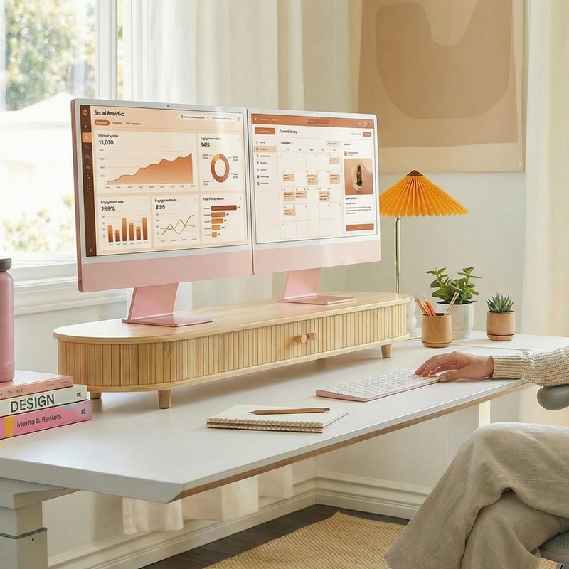 WELL WENG Bamboo Dual Monitor Stand with Storage, Curved Double