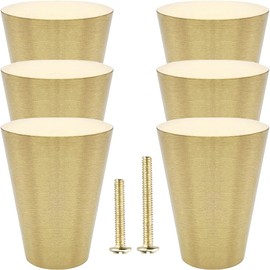 YEWLACA 6Pcs Brass Cabinet Knobs Solid Pure Copper Cone Knob Pull Handles for Kitchen Cabinet Drawer Dresser, Brushed Gold Brass Knobs with Screws