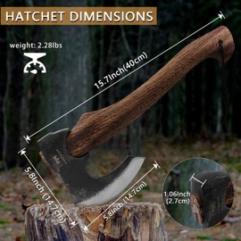 Hatchet Axe, 15.7" Camping Hatchet with Leather Sheath, Bushcraft Axe with 1065 Carbon Steel & Beech Handle, Survival Axe for Wood Splitting and Chopping - Perfect for Gardening and Outdoor