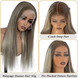 Straight Ombre Blonde Lace Front Wigs Human Hair for White Women, 28" Highlights Ash Brown with Blonde 13x6 HD Invisible Lace Front Wig Human Hair, Free Part Dark Roots Glueless Wigs Pre Plucked