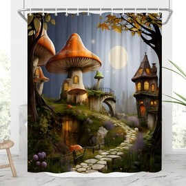 JONSEQIN Fairytale Forest Shower Curtain Tree Red Mushroom Moon Grass Vine Little Fairy Fallen Leaves Fantasy Wonderland Spring Bathroom Decor Curtains 70x70 inch with Hook