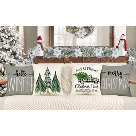 ALINK Christmas Pillow Covers 18x18 Set of 4 Farmhouse Christmas Decorations Merry Christmas Tree Truck Hello Winter Holiday Decor Throw Cushion Cases for Home Couch (Gray)