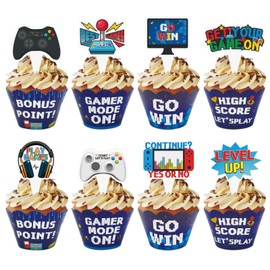 64 Pcs Video Game Cupcake Toppers and Wrappers Double-sided Video Game Cupcake Decoration Game Themed 8 Styles Cupcake Picks Decorations for Kids Gaming Birthday Party Favors