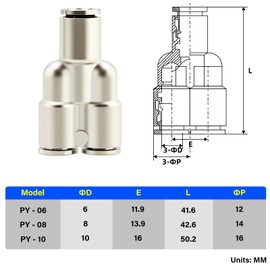TAILONZ PNEUMATIC Copper Nickel Plating 8mm od Push to Connect Air Fittings Tee Straight Union Connect Pneumatic Fittings PY-8 (Pack of 2)