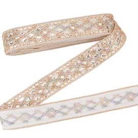 CRAFTYMELODY 10 Yard Jacquard Ribbon Trim 1-5/8 Inch Embroidered Ribbon Trim Golden Sequin Beaded Woven Tape Ribbon for Sewing Crafts Making Custom Gift Wrapping Home Decor Accessory Picture Frame
