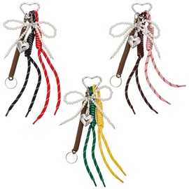 AHANDMAKER 3Pcs Colorful Woven Ropes Keychain Clip Bag Charms 3 Colors Pearl Bows Bowtie Bag Charms Beaded Bowknot Keyring Silver Heart Pendant for Purse Backpack Phone Accessory 245mm