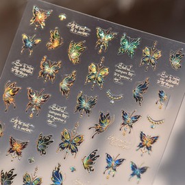 LIFOOST Butterfly Nail Art Stickers 5D Embossed Glitter Gold Blue Butterflies Nail Design Nail Decals for Nail Art Self Adhesive Nail Supplies for Women DIY Manicure
