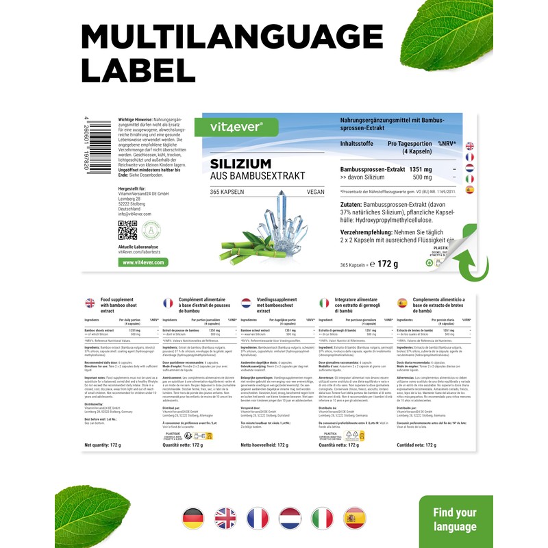 Silicon, 365 capsules with 500 mg organic silicon per day,