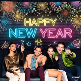 KatchOn, XtraLarge Neon Happy New Year Banner - 72x44 Inch | Glow In The Dark New Years Eve Party Supplies 2024 | Colorful Happy New Years Backdrop 2024, Happy New Year Decorations 2024 Multicolor