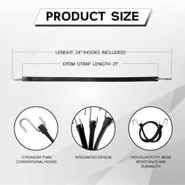 ROBLOCK 21" Rubber Tarp Straps with 150% Max Stretch, 100% EPDM Bungee Cords with Metal Crimped S Hooks, Ideal for Securing Tarps, Cargo, Canvases, Weatherproof (10 Pack)
