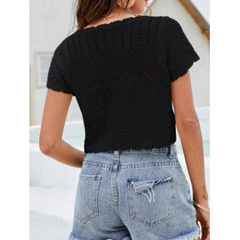 Women's Summer Short Sleeve Crochet Shrug Tie Front Open Knit Cropped Cardigan Lightweight Bolero Sweater Cover Up (Black, Large)