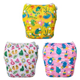 Babygoal Baby Girl Swim Diapers 3 Pack for 8M-3T Babies and Toddlers, Reusable Adjustable Washable for Swimming Lessons-Bird,Snake,Dinosaur