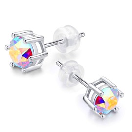 035 925 Sterling Silver,6.5mm Crystal Serial Earring Gemstone Stone, Stud with Gift Box,Men Women (Blue Golden Sea)… (18ct White Gold Plated on Silver)…