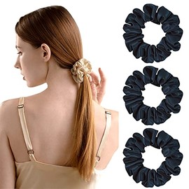 SiL'Amour Silk Hair Rubber Scrunchie Hair Accessories, 22 Momme, 100% Silk, Adult Fashionable, Leaves No Traces, Gentle on Hair, 1.2 inches (3 cm), 3 Piece Set (Set-navy)