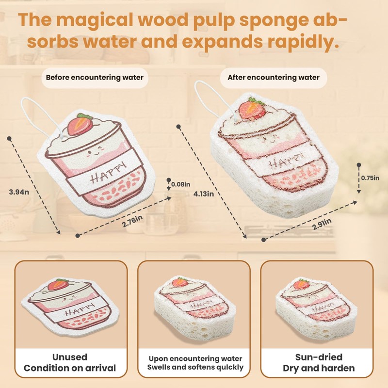 BLXDWaron Wood Pulp Compression Cotton Strawberry Drinks Shaped Kitchen Sponges