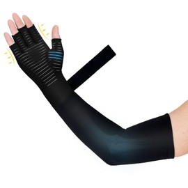 Zuscot Copper Long Compression Arthritis Glove with Wrist Strap (1 Pcs), 20-30 mmHg Lymphedema Compression Arm Sleeve with Gauntlet, Fingerless Graded Pressure Full Arm and Hand Support for Men Women