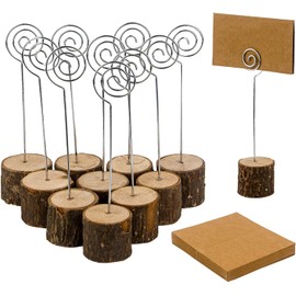 20 Pcs Rustic Wood Place Card Holders with Swirl Wire and 30 Pcs Kraft Place Cards, Wooden Table Number Holder Stand Photo Picture Note Clip Holders for Wedding Party Name Sign