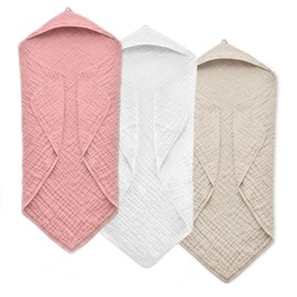 FAVERDIIY Hooded Baby Towels for Newborn, 35x35 Inch 3 Pack 100% Muslin Cotton Baby Bath Towel, Soft Baby Beach Towels with Hood for Infants, Toddlers and Kids, Essentials Must Haves