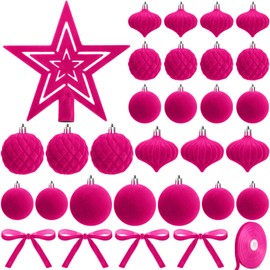 Hollowfly 27 Pcs Velvet Christmas Tree Ornaments Set Velvet Christmas Balls with Velvet Star Tree Topper Velvet Ribbon 3/8inch Xmas Decorative Hanging Ornaments for Xmas Party Yard Decors(Hot Pink)