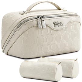 BOYATU Travel Makeup Bag for Women: Cosmetic Organizer Bag with Compartments - Leather Make up Bags Set of 3 (G-2-White)