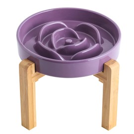 Addogyy Purple Elevated/Raised Dog Bowl Ceramic Slow Feeder with Wood Stand for Small Medium Large Dogs, 8.66 in Dog Dish to Slow Down Eating,Modern Heavy Slow Puppy Bowl for Fast Eaters