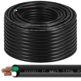 75FT 12/3 SJOOW 300V Wire, 12 AWG 3 Conductor 75FT Heavy Duty 300V Copper Cord, 12 Gauge 3 Conductor 75 Foot Portable Power Cable for Industrial Motor Leads, Machinery Circuits, Data Centers