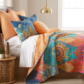 Levtex Home - Mackenzie Quilt Set - King Quilt (106x92in.) + Two Pillow Shams (26x20in.) - Bohemian - Teal, Orange, Yellow, Green, Blue - Reversible - Cotton Fabric