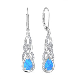 FJ Blue Opal Dangle Drop Earrings for Women 925 Sterling Silver Infinity Leverback Teardrop Earrings with Cubic Zirconia Jewellery Gifts for Women Girls