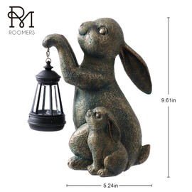 Resin Easter Bunny Statue with Solar Lantern Outdoor Figurine Lights for Garden Statue Decor Porch Decor Bunny Figurine Yard Decorations Outdoor Mother’s Day Housewarming Gifts New Home - Bronze Color