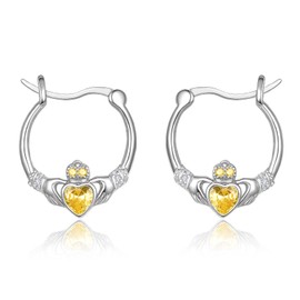 Dreamboat Sterling Silver Claddagh Earrings for Women Celtic Knot Irish Clover Earrings Dangle Earrings Hook Yellow November Birthstone Irish Jewelry for Mom, Large, Sterling Silver, Cubic Zirconia