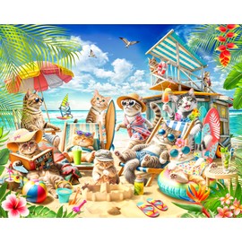 Cats on The Beach Jigsaw Puzzle 1000 Piece by VCC - Cool Cat Puzzles for Adults & Families - Large Interlocking Pieces - 30" x 24"